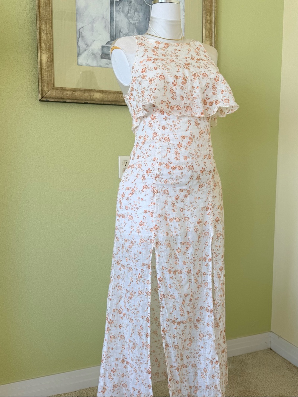 Free People White Maxi Dress with Peach Floral Print